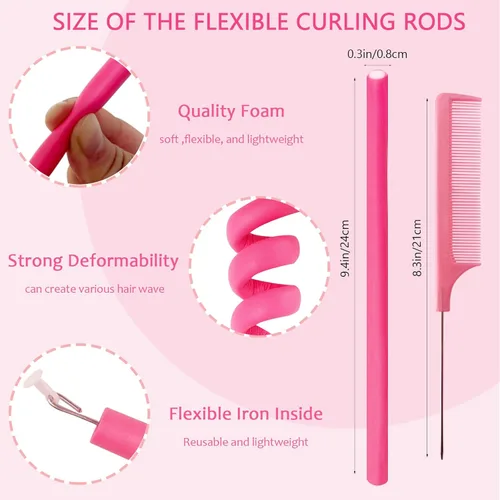 Miniatura 2 de 60 varillas rizadoras flexibles, 9.45 x 0.31 pulgadas, rodillos de espuma para cabello largo y corto, para mujeres y niñas, rizadores de pelo sin