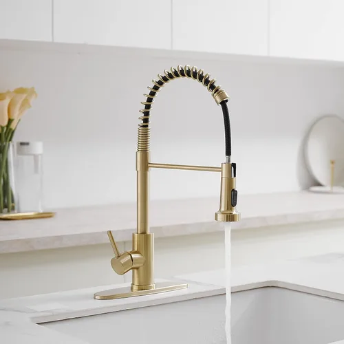Miniatura 4 de VOTON Grifos de Cocina con Rociador Extraíble, Grifo de Fregadero Comercial de Primavera, Acero Inoxidable, Dorado Cepillado, Grifo Abatible de Una