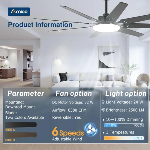 Miniatura 3 de Amico Ventiladores de techo de 64 pulgadas con luces, ventilador de techo grande con luz y control remoto, regulable, motor de CC silencioso