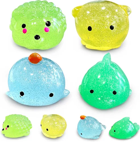 4 piezas de juguetes blandos Jumbo Glitter Mochi para niños, juguetes Kawaii, juguetes sensoriales de animales marinos para premios de clase,