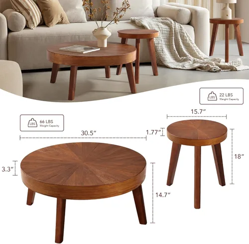 Miniatura 2 de HOKYHOKY Juego de 3 mesas de centro redondas estilo granja, mesas nido de estilo bohemio para sofá, mesas auxiliares con acabado natural de madera