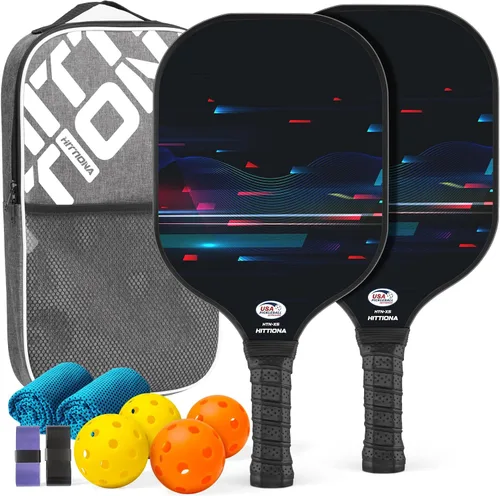 HITTIONA Paletas de pickleball - Juego de 2 palas de pickleball de fibra de vidrio, raquetas de pickleball aprobadas por USAPA, paquete de 2 con 4
