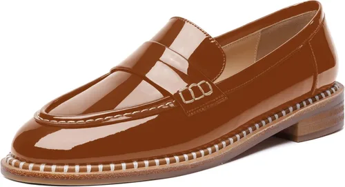 Miniatura 21 de FOGEENA Mocasines de tacón bajo para mujer, estilo casual, puntera redonda, de charol grueso, de 1 pulgada
