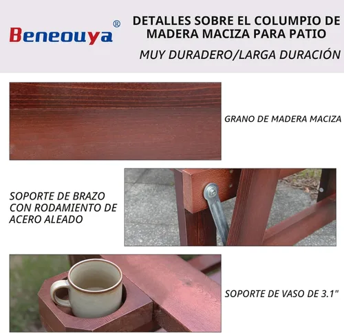 Miniatura 7 de Planeador para exteriores de 5 pies con portavasos, respaldo alto enrollable, silla deslizante de 3 plazas, banco planeador para exteriores