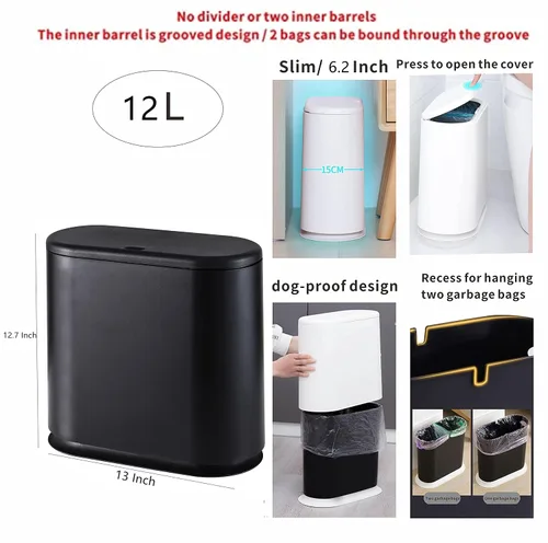 Miniatura 2 de Basurero delgado negro de 12 litros con tapa superior de presión, cubo de basura de cocina a prueba de mascotas y perros, cubo de basura delgado