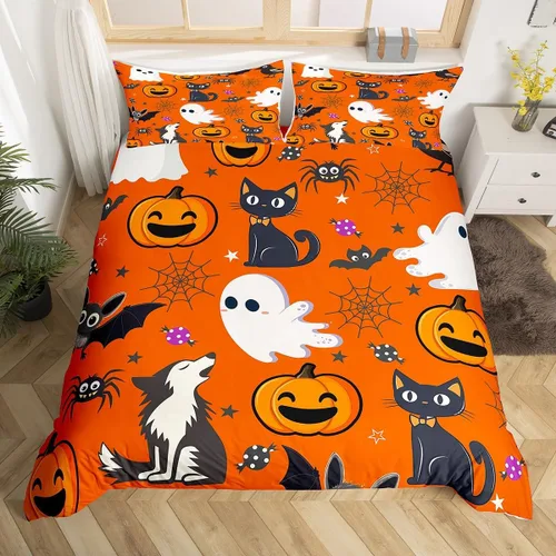 Miniatura 33 de Juego de ropa de cama de Halloween, funda de edredón gótica de murciélagos negros con telarañas, funda de edredón individual, diseño de arañas