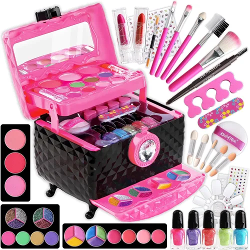 Kit de maquillaje de 60 piezas para niñas de 6 a 12 años, FunKidz Juego de cosméticos para niños con tres capas, caja de maquillaje plegable para