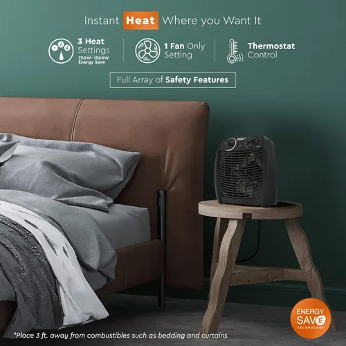 Miniatura 2 de Comfort Zone Calentador de espacio interior con termostato ajustable, forzado por ventilador, eléctrico, protección contra sobrecalentamiento, Negro