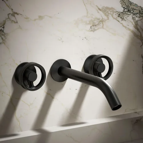 Miniatura 2 de KOHLER Componentes montaje en pared grifo de lavabo de baño con manijas industriales Mate negro