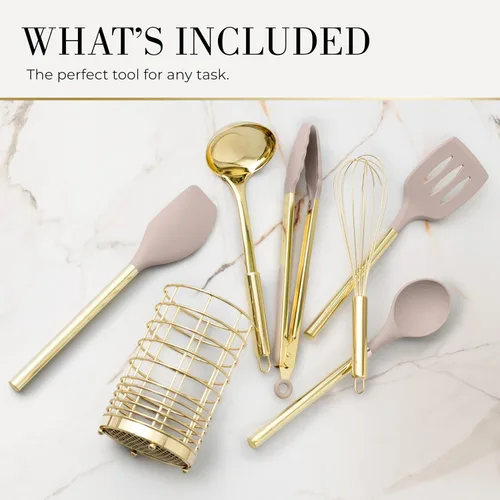 Miniatura 2 de Juego de utensilios de cocina beige y dorado de 7 piezas, herramientas de silicona no tóxica y acero inoxidable para cocinar, servir y hospedar, 7