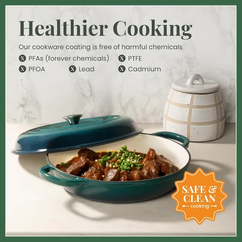 Miniatura 3 de Larder & Vine Brasera de Hierro Fundido Esmaltado Brasera de 3.6 qt con Tapa Horno Holandés Poco Profundo Compatible con Todas las Cocinas