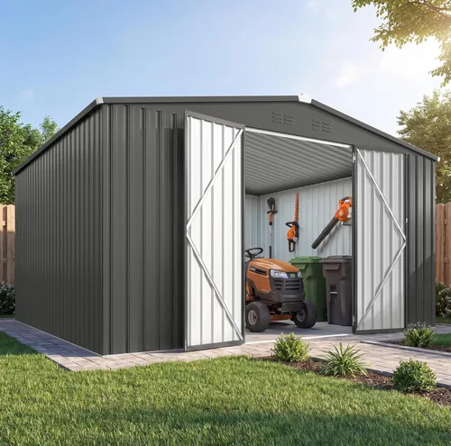 Miniatura 30 de AECOJOY Cobertizo de almacenamiento de metal para exteriores de 4 x 6 pies, cobertizo de herramientas de jardín resistente con puerta doble con Gris