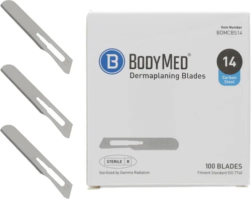 BodyMed Cuchillas de dermaplaning #14 en acero al carbono, 100 unidades, desechables, envueltas individualmente, cuchillas de bisturí estériles para