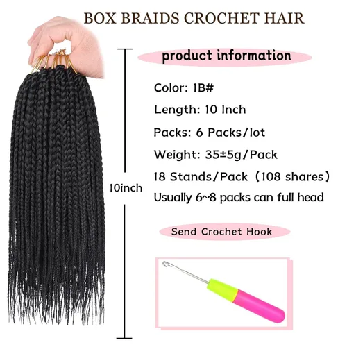 Miniatura 3 de XTREND 10 Pulgadas 6 Paquetes Trenzas de Caja de Ganchillo Cabello Pre-anudado Sin Nudos Bobo Trenzas de Caja 3X Extensiones de Cabello Trenzado 1b#
