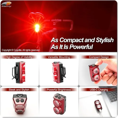 Miniatura 5 de Cygolite Hypershot - Luz trasera para bicicleta de 350 lúmenes, 7 modos nocturnos y diurnos, velocidades de flash ajustables por el usuario