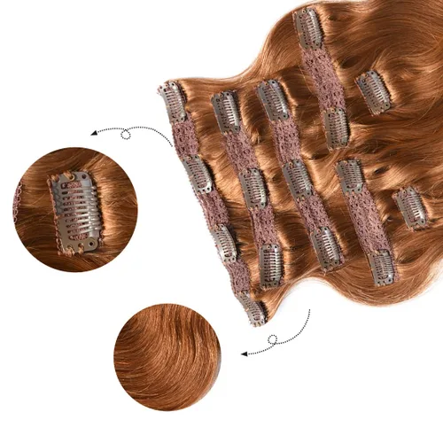 Miniatura 3 de viviaBella Extensiones de cabello humano ondulado con clip, color rojo cobre, 14 pulgadas, cabello virgen brasileño de doble trama, 7 unidades por