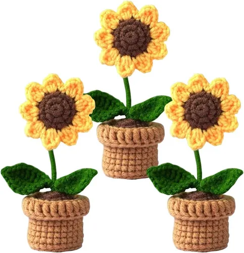 Miniatura 10 de JOONOR 3 piezas de mini tulipanes de ganchillo en maceta, flor de soplo de rosa falsa de punto para baño, hogar, cocina, mesa rústica, centro