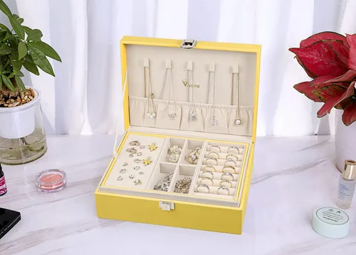 Miniatura 4 de Voova Joyero organizador para mujeres y niñas, 2 capas grandes para hombres, estuche de almacenamiento de joyas de piel sintética con bandeja