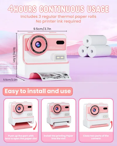 Miniatura 7 de Cámara de impresión instantánea para niñas y niños de 3 a 12 años, cámaras digitales 1080P para niños, regalos de cumpleaños de Navidad para niñas