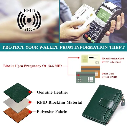 Miniatura 6 de FALAN MULE - Cartera de cuero auténtico para mujer, pequeña plegable , compacta, con interferencia de radiofrecuencia (RFID)