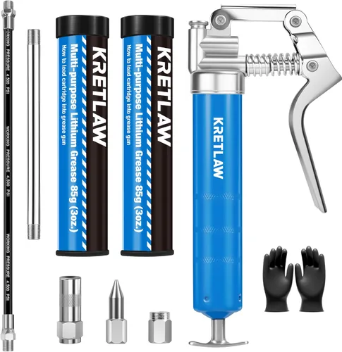 KRETLAW Mini pistola de grasa (3000PSI) con doble cartucho de grasa de 3 oz y manguera flexible de 12 pulgadas, acoplador reforzado para