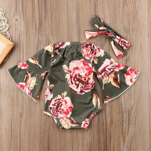Miniatura 9 de Mameluco de manga larga con diseño de flores de encaje para bebé, color liso, conjunto de ropa con diadema