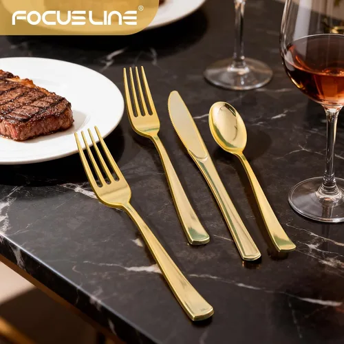 Miniatura 6 de FOCUSLINE Juego de 160 cubiertos de plástico dorado, incluye 80 tenedores dorados, 40 cuchillos, 40 cucharas, cubiertos desechables de plástico