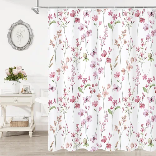 Miniatura 27 de Litabel Cortina de ducha con diseño floral de acuarela, cortina de ducha de flores de mariposa azul para baño, juego de cortina de ducha moderna