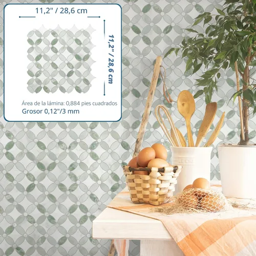 Miniatura 2 de SUNWINGS Azulejo de Salpicadero de 10 Hojas Despegar y Pegar Coin Waterjet, 11.2" x 11.2" Aspecto de Mármol Verde Azulejo Autoadhesivo de Pared