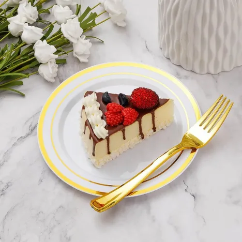 Miniatura 6 de Goodluck 120 platos de plástico dorados de postre de 7 pulgadas con tenedores de 7.4 pulgadas, platos dorados para aperitivos para 60 invitados