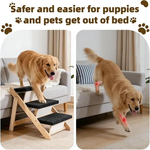 Miniatura 4 de MEWANG Escaleras y rampa de madera para perros y gatos pequeños/medianos, mascotas mayores – 3 en 1, plegable, portátil, escalera antideslizante 3