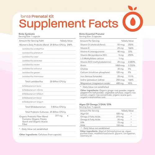 Miniatura 2 de Binto Kit prenatal - Suplementos 4 en 1 para mamá y bebé saludables - Suministro para 30 días - Multivitamínico, probióticos, hierro, DHA, folato