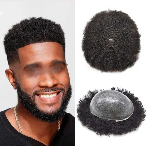 Miniatura 19 de Afro Curl Toupee para hombres unidades de cabello humano real para hombres negros inyectados PU tupé afroamericano para hombre postizo de pelo