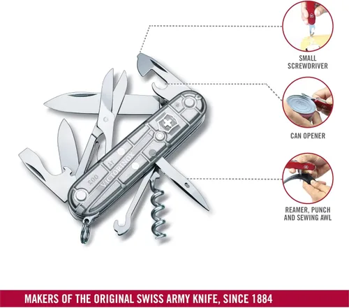 Miniatura 6 de Victorinox Climber Swiss Army Cuchillo de bolsillo de 14 funciones fabricado en Suiza con 2 cuchillas, sacacorchos y destornillador - Silver Tech