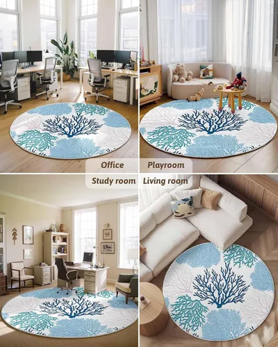 Miniatura 8 de Alfombra redonda azul océano coral de 3 pies, lavable para interiores, dormitorio, cocina, baño, sala de estar, comedor, lavandería, oficina, área +