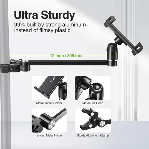 Miniatura 6 de elitehood Soporte de micrófono para iPad de brazo extra largo de 12 pulgadas, soporte de iPad ajustable de 360° para soporte de micrófono, soporte