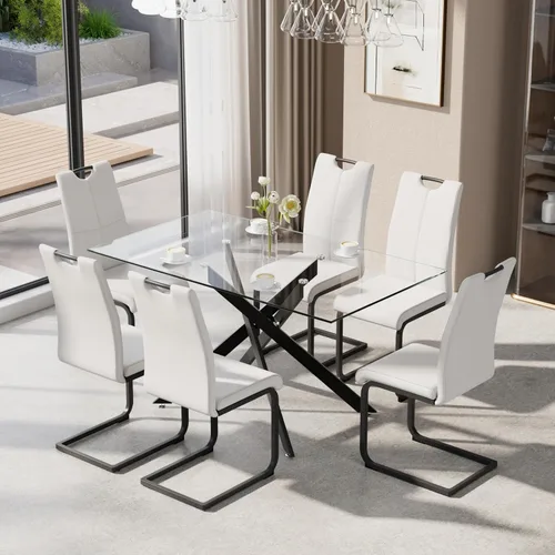 Miniatura 23 de Juego de mesa de comedor de 5 piezas para 4, mesa rectangular moderna de cristal con 4 sillas tapizadas de cuero, juegos de mesa y sillas de comedor