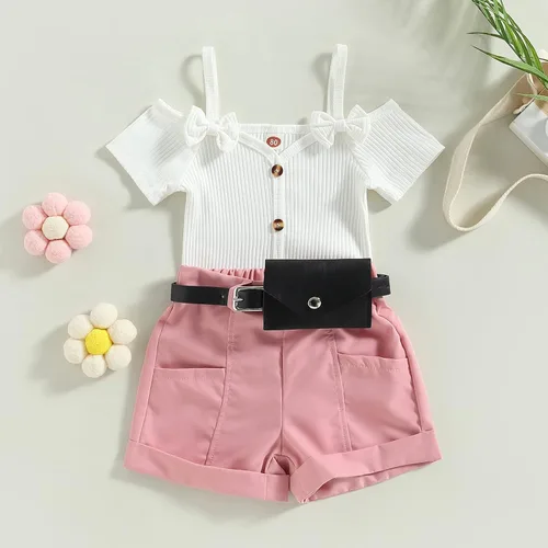 Miniatura 57 de TheFound Trajes de verano para niñas pequeñas, sin mangas, de punto acanalado, halter, pantalones cortos, ropa para recién nacidos, conjunto de 3