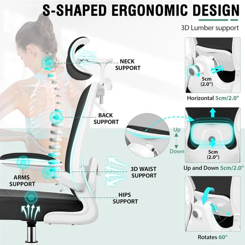 Miniatura 5 de Silla de Dibujo, Silla de Oficina Alta con Soporte Lumbar y para la Cabeza 3D, Silla Ergonómica de Malla para Escritorio de Pie con Anillo Blanco