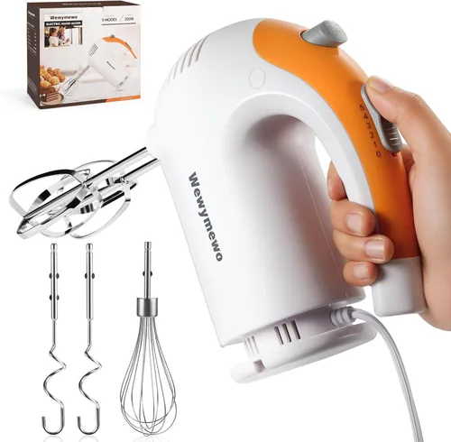 Batidora de mano eléctrica de 300 W, batidora de cocina de mano de 5 velocidades con batidores de acero inoxidable 304, ganchos para masa y batidor,