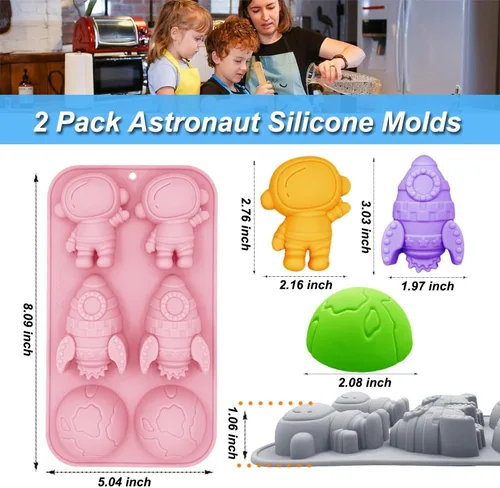 Miniatura 2 de Paquete de 2 moldes de silicona de astronauta con 6 cavidades 3D con temática espacial de cohetes para niños, bandeja de molde para hornear tierra