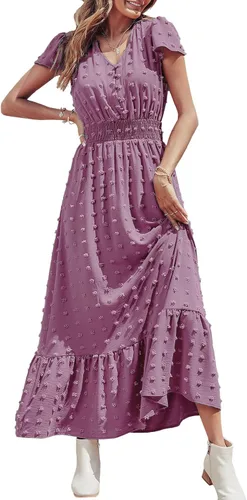 PRETTYGARDEN - Vestido bohemio de manga corta con cuello en V y plumetí con volantes, vestido maxi fruncido de cóctel
