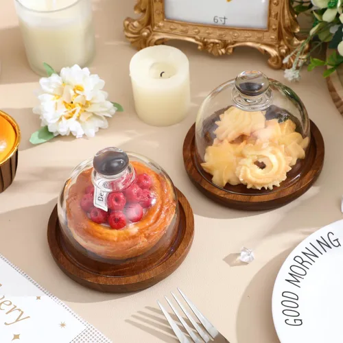 Miniatura 9 de Yardwe Paquete de 2 mini cúpula de postre de cristal con base de madera, soporte para pasteles de 3.4 pulgadas con cubierta de vidrio transparente