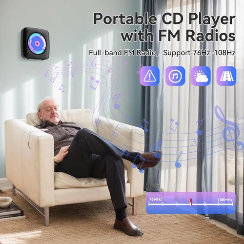 Miniatura 5 de Reproductor de CD portátil con Bluetooth recargable: reproductores de CD para el hogar con 1800mAh Kegaudio de escritorio, reproductor de CD de Negro