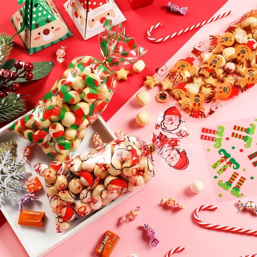 Miniatura 5 de Blulu 180 bolsas de fiesta de Navidad, bolsas de plástico de celofán de Papá Noel con 200 lazos dorados y plateados para vacaciones, fiestas