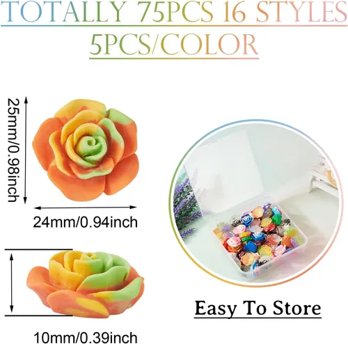 Miniatura 5 de Craftdady 75 cabujones de resina que brillan en la oscuridad, 15 estilos de cuentas de flores con parte trasera plana, adornos florales sin