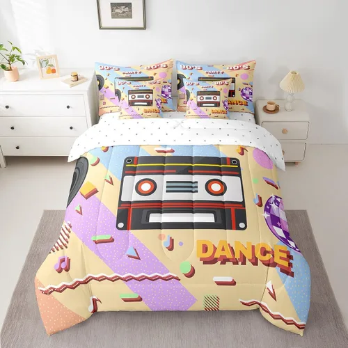 Miniatura 15 de Erosebridal Juego de ropa de cama de cassette vintage de los años 80 y 90, juego de edredón de 7 piezas para niños y adultos, retro, amarillo