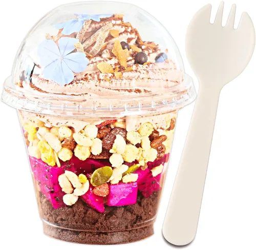Miniatura 11 de Aatriet Vasos de plástico transparente de 9 onzas con tapas, 25 juegos de tazas de postre con tapa de cúpula (sin agujero), taza desechable
