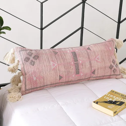 Miniatura 2 de Funda de almohada lumbar extra larga (12 x 28 pulgadas) Funda de almohada rosa de seda de cactus tejida a mano Funda de cojín bohemia