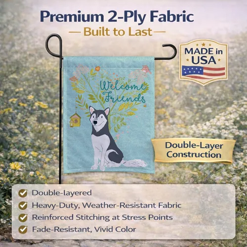 Miniatura 5 de Caroline's Treasures BB7594GF Bandera de jardín de Husky siberiano con texto en inglés "Welcome Friends" - Bandera decorativa para patio exterior
